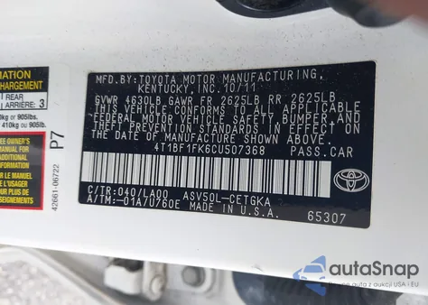 2012 Toyota Camry Xle из США, поврежденный, VIN 4T1BF1FK6CU507368